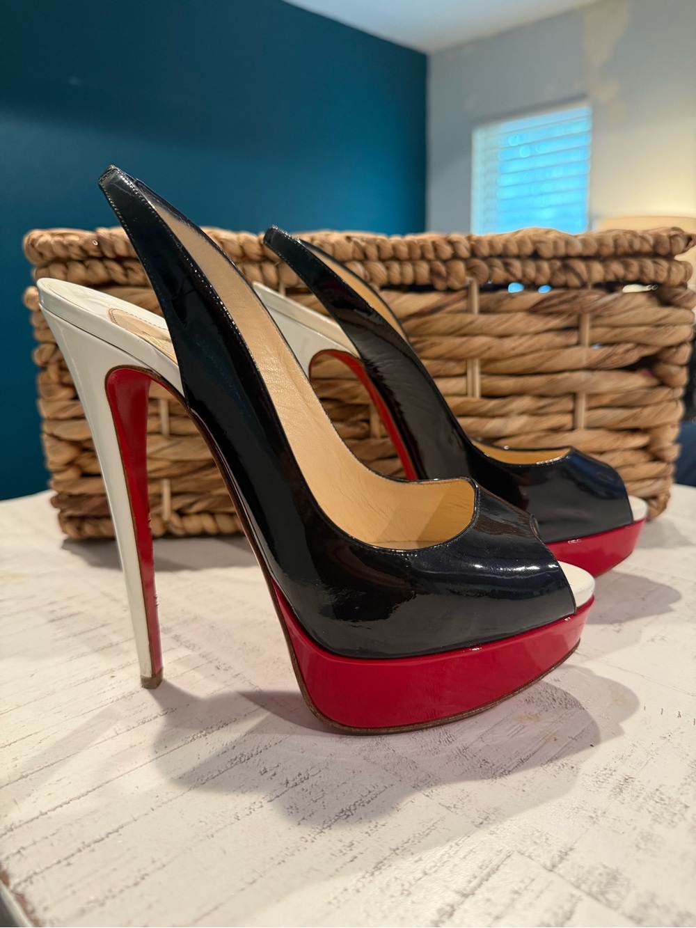 Christian Louboutin Black Patent Leather Peep Toe Slingback Platform Heels